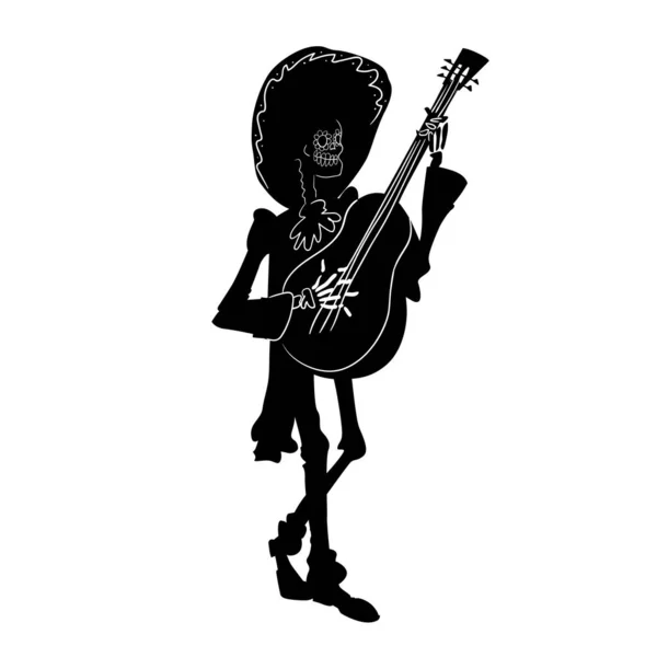 Mariachi Musicista Scheletro Dia Los Muertos Chitarrista Personaggio Silhouette Isolata — Vettoriale Stock