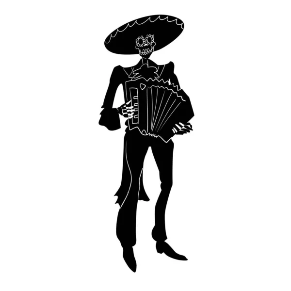 Mariachi Musicien Squelette Dia Los Muertos Caractère Avec Accordéon Silhouette — Image vectorielle