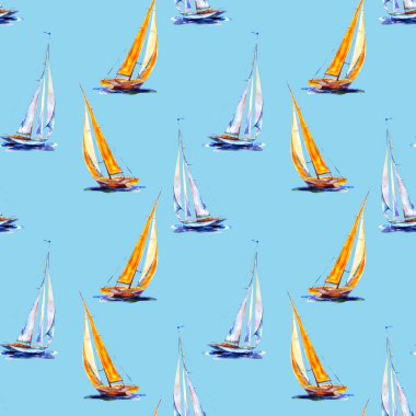 Suluboya kusursuz yelkenli. Mavi arka planda sarı ve mavi gemi izole edildi. El çizimi illüstrasyon.