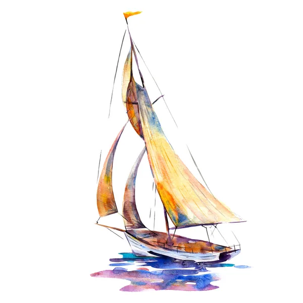 Aquarell Illustration Handgezeichnetes Segelboot Isoliertes Objekt Auf Weißem Hintergrund Kunstdruck — Stockfoto