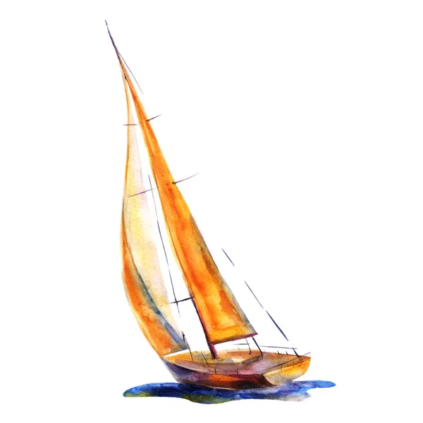 水彩画 手绘彩绘帆船隔离对象白色背景 有橙色帆的艺术印刷船 — 图库照片