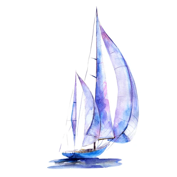 Aquarel Illustratie Met Hand Getekende Geschilderde Zeilboot Geïsoleerd Object Witte — Stockfoto