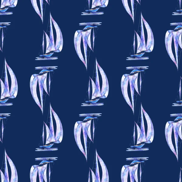 Watercolor seamless pattern sailboat with reflection. Hand drawn  illustration, blue background.