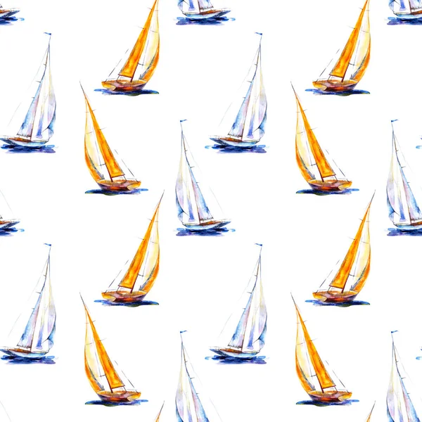 水彩シームレスパターン帆船 白を基調とした黄色と青の器 手描きイラスト — ストック写真