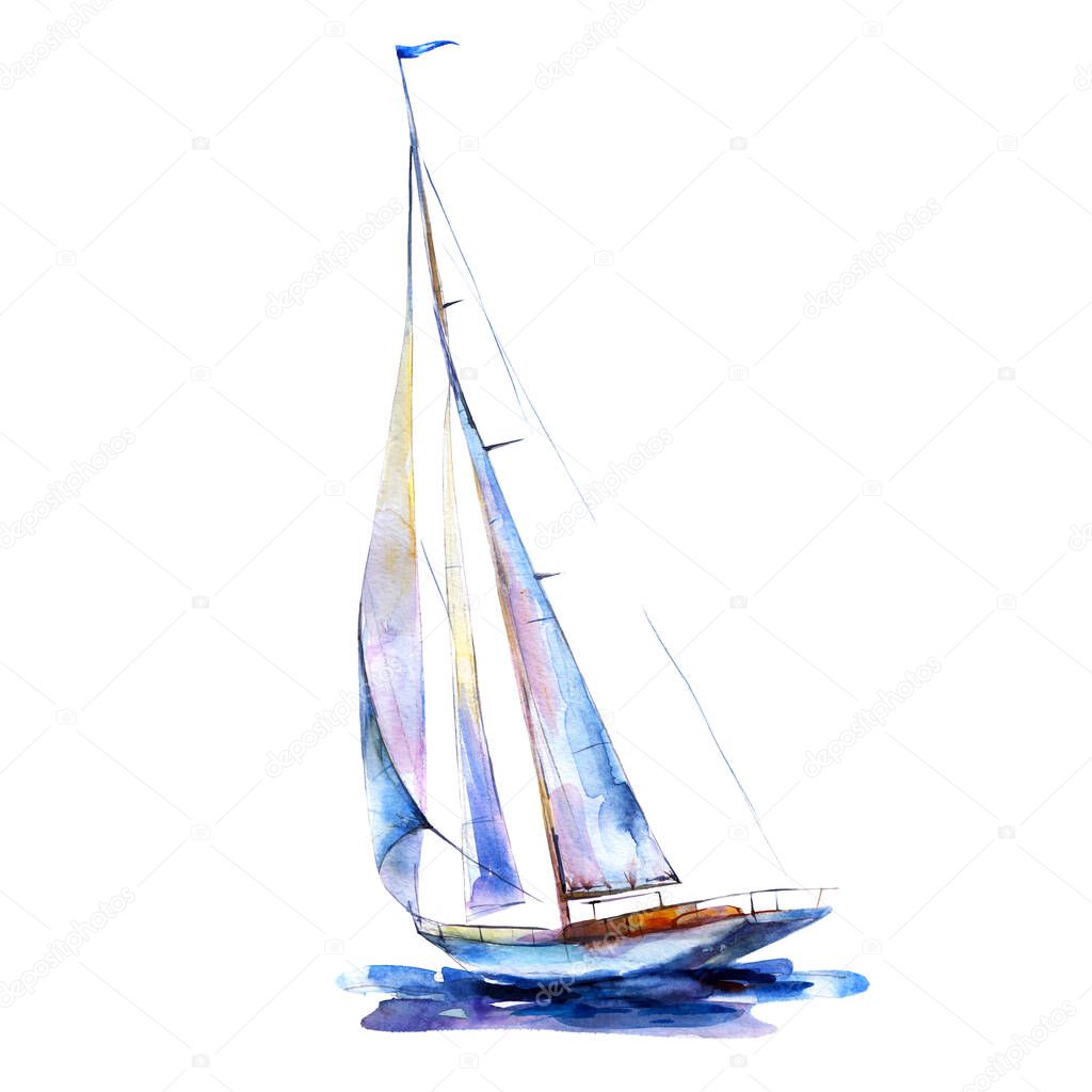 Watercolor illustration, hand drawn painted sailboat isolated object on white background. Art print boat with blue sails.