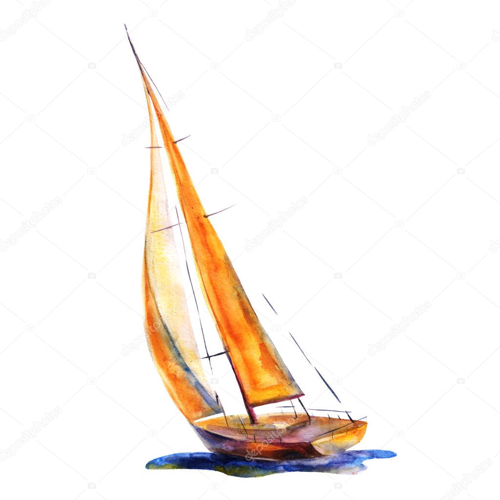 Watercolor illustration, hand drawn painted sailboat isolated object on white background. Art print boat with orange sails.