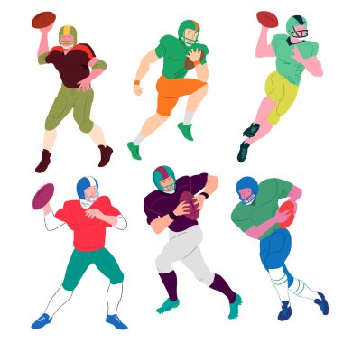 American football player set. Sportsmens group team. Vector cartoon flat illustration. Avatar, the people isolated on white. vector