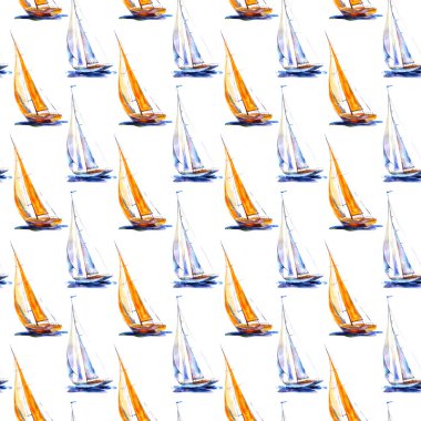 Suluboya el, pürüzsüz yelkenli çizmiş. Sarı ve mavi gemi beyaz arkaplanda izole edildi.