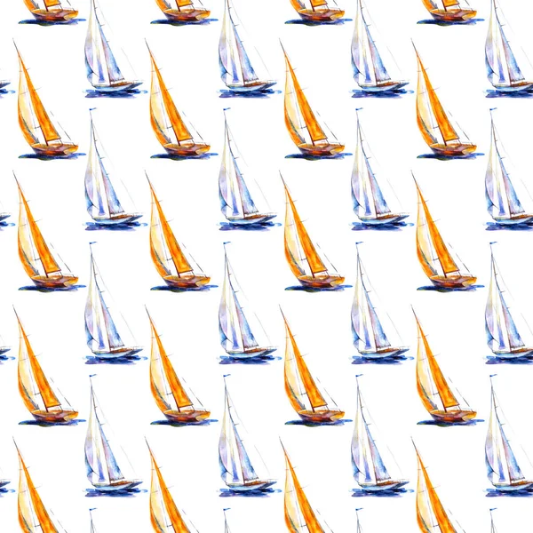 Acquerello Disegnato Mano Senza Soluzione Continuità Barca Vela Modello Nave — Foto Stock