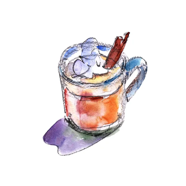 Becher Eierlikör Mit Zefir Und Zimt Aquarell Illustration Isoliertes Objekt — Stockfoto