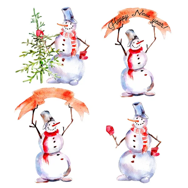 水彩クリスマスと新年のイラストの雪だるまが設定されます 白い背景に孤立した手描きのオブジェクト — ストック写真
