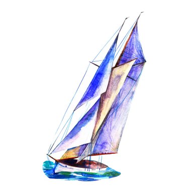 Suluboya el çizimi, deniz manzarasında yelkenli. Beyaz yelkenli ve kayık yana yatmış. Beyaz arkaplanda izole.