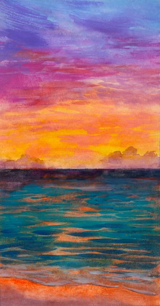 Akwarela Ręcznie Rysowane Ilustracja Morze Krajobraz Wschód Słońca Nad Morzem — Zdjęcie stockowe
