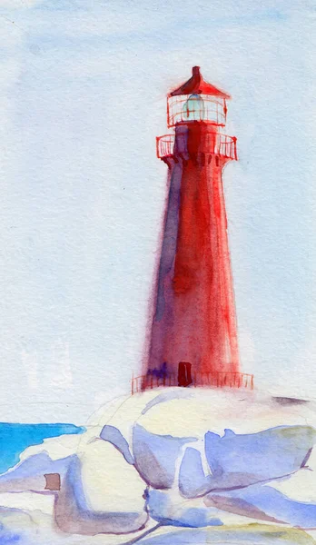 Latarnia Morska Akwarela Ilustracja Ręcznie Rysowane Czerwona Latarnia Skale Pośród — Zdjęcie stockowe