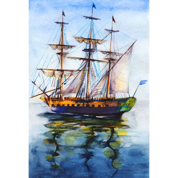 Watercolor Hand Drawn Illustration Sailing Ship Bark Military Vessel Guns — Stock Photo, Image