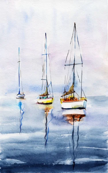 Three yachts at sea with deflated sails, dim weather, sailboat ship reflected in water. Watercolor illustration hand drawn loose style. Card or background.