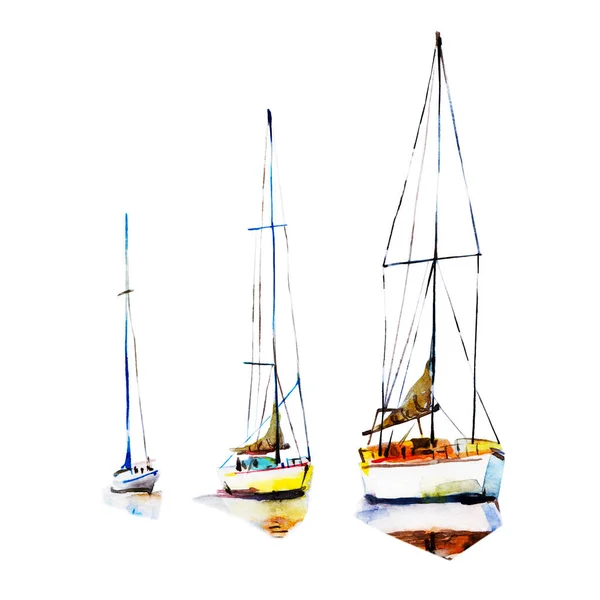 Three yachts with deflated sails. Watercolor sailboat illustration hand drawn loose style. Isolate object on white background.