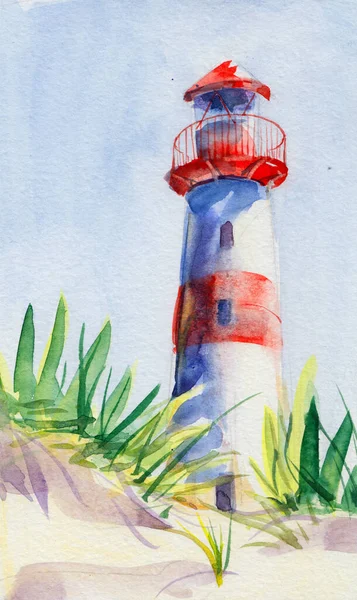 手描きの灯台水彩イラスト 草の草の中の砂丘のほとりにあるビーコン カードや背景に使用できます — ストック写真