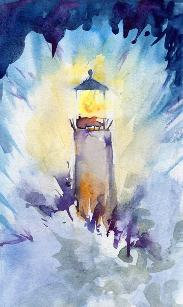手描きの灯台水彩イラスト 海の背景にビーコン 波のベース 海のビームを打つ カードや背景に使用できます — ストック写真