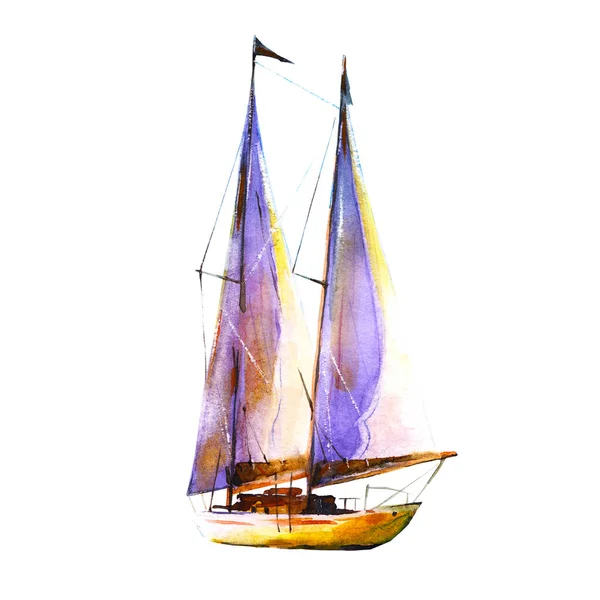 ヨット 海での帆船 水彩イラストの手が緩やかなスタイルを描きました 白い背景にオブジェクトを分離 — ストック写真