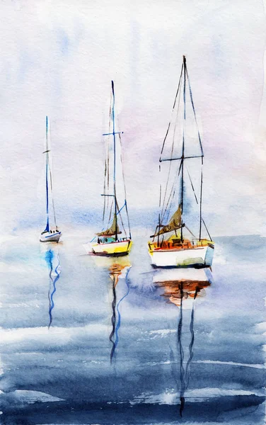 デフレ帆 薄暗い天候 水上に反映帆船と海で3隻のヨット 水彩イラストの手が緩やかなスタイルを描きました カード又は背景 — ストック写真