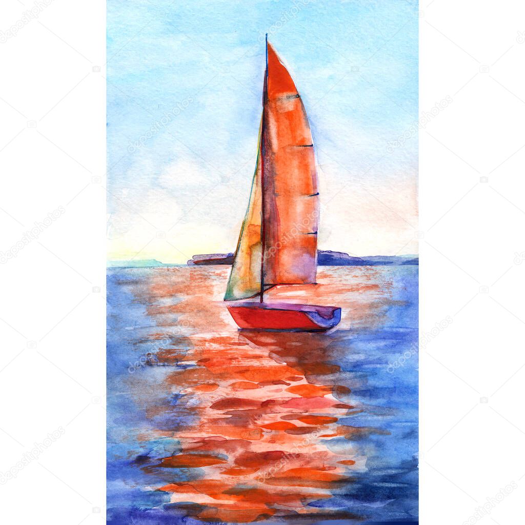 Sailboat at sea on sunny day, orange highlights in water, blue skies. Bright  watercolor illustration hand drawn loose style. Card or background.