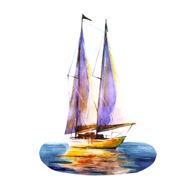Yat, denizde yelkenli, suya yansıyan gemi. Suluboya el çizimi gevşek stil. Beyaz arkaplandaki nesneyi ayır.