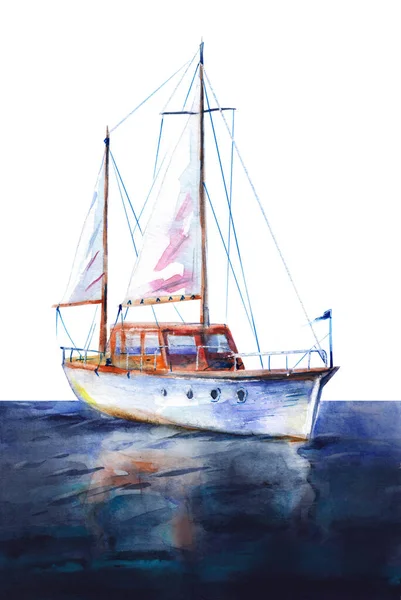 Σκάφος Ιστιοφόρο Στη Θάλασσα Πλοίο Λευκά Πανιά Υδατογραφία Εικονογράφηση Χέρι — Φωτογραφία Αρχείου