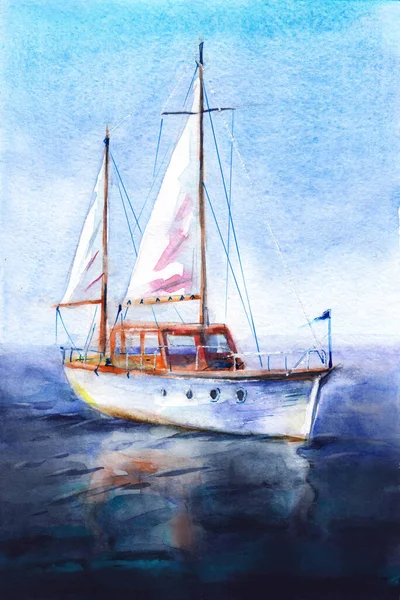 Yacht Sailboat Sea Ship White Bermudas Sails Watercolor Illustration Hand — Stock Photo, Image