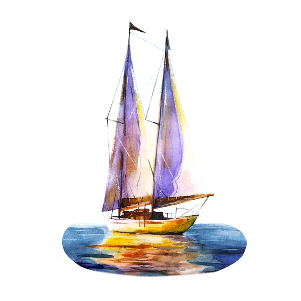 Yacht Sailboat Sea Ship Reflected Water Watercolor Illustration Hand Drawn — Stock Photo, Image