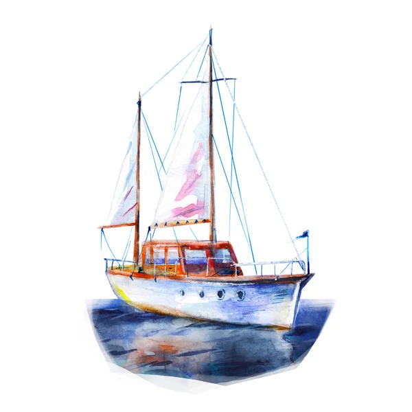 ヨット 海での帆船 白いバミューダ帆で船 水彩イラストの手が緩やかなスタイルを描きました 白い背景に水の破片がある孤立した物体 — ストック写真