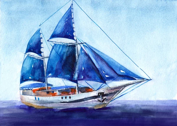 ヨット 海での帆船 青い帆を持つ2つのマストスクーナー船 水彩イラストの手が緩やかなスタイルを描きました カード又は背景 — ストック写真