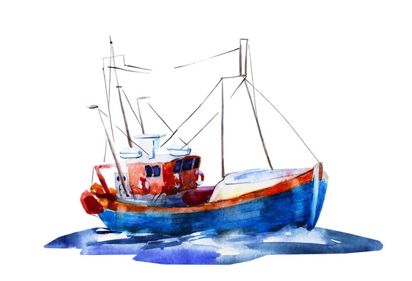 Acuarela Dibujado Mano Ilustración Fondo Barkas Lancha Barco Azul Mar —  Fotos de Stock