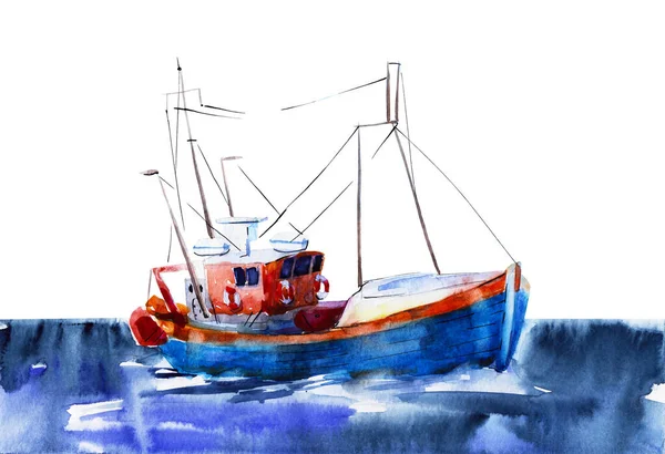 Watercolor Hand Drawn Illustration Background Barkas Lanch Blue Boat Sea — Stock Photo, Image