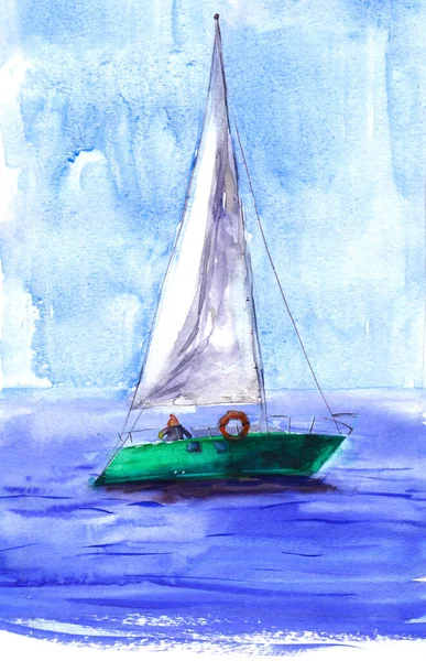 Aquarel Illustratie Met Hand Getrokken Zeilboot Kunstprint Smaragd Jacht Zeilen — Stockfoto