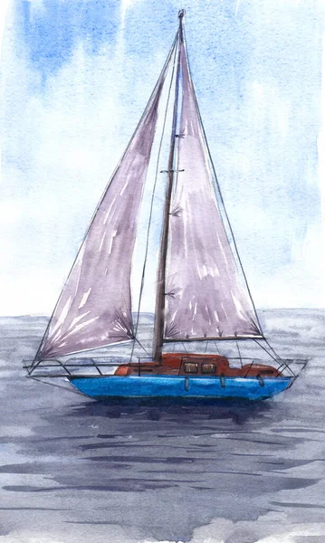 Illustration Aquarelle Voilier Dessiné Main Voiles Yacht Art Print Ciel — Photo