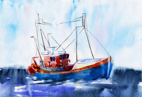 Aquarel Hand Getekend Illustratie Achtergrond Barka Lanch Blauwe Boot Zee — Stockfoto