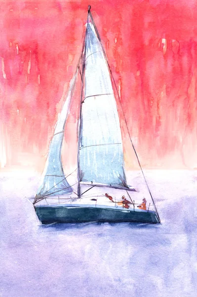 Ilustracja Akwarela Ręcznie Rysowane Żaglówka Sztuka Druku Jachtów Żagle Czerwone — Zdjęcie stockowe