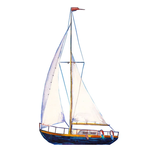 Aquarel Illustratie Met Hand Getrokken Zeilboot Kunst Uitgesneden Jacht Zeilen — Stockfoto