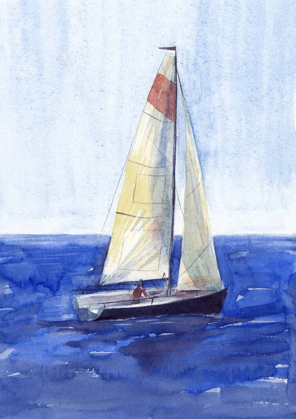 水彩イラスト 手描き帆船 アートプリント深い青色のヨット帆 水彩効果青い空と超マリンウォーター — ストック写真