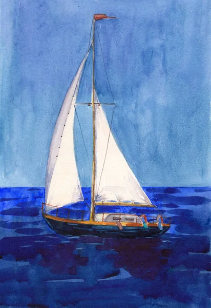 水彩イラスト 手描き帆船 アートプリントヨット帆 青い空と深いウルトラマリン水 — ストック写真