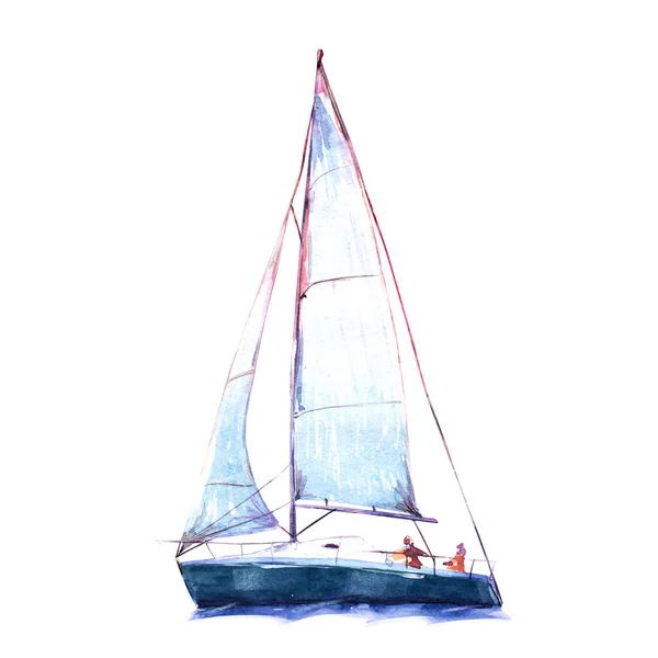 水彩イラスト 手描き帆船 白い背景にヨット帆 水彩分離オブジェをカット — ストック写真
