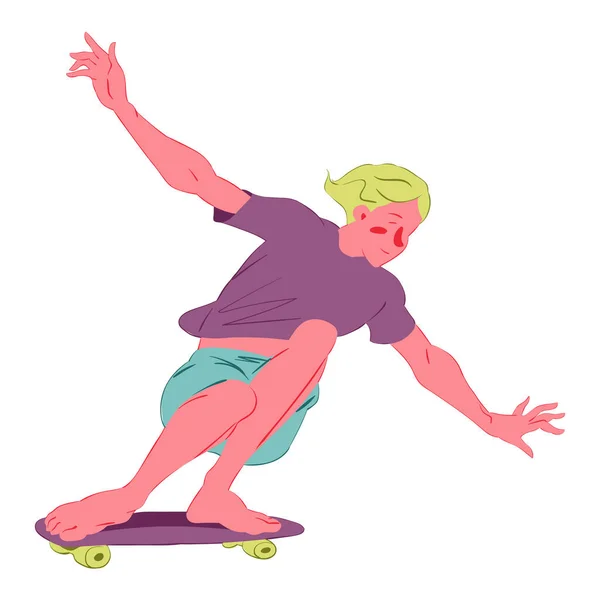 Skateboarder Man Platte Vector Illustratie Hij Rijdt Een Skateboard Met — Stockvector