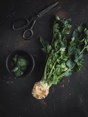Yeşil yapraklı kereviz kökü ve ahşap arka planda klasik makas. Tepeden çekim.