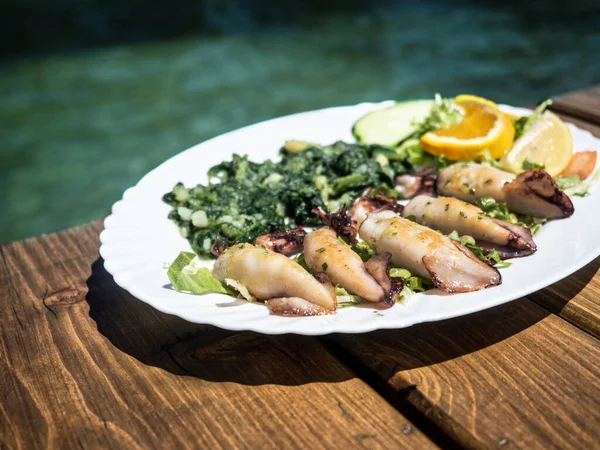 Grilled squid with potatoes and chard on white plate with sea on background. — Stock Photo, Image