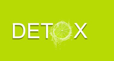Yeşil arkaplanda beyaz detoks metni izole edildi. O harfi taze limondan yapıldı..