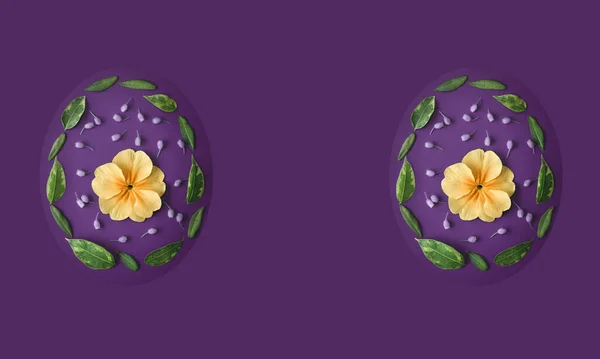 Paaseieren Gemaakt Van Bloemen Bladeren Violette Achtergrond Pasen Achtergrond Met — Stockfoto
