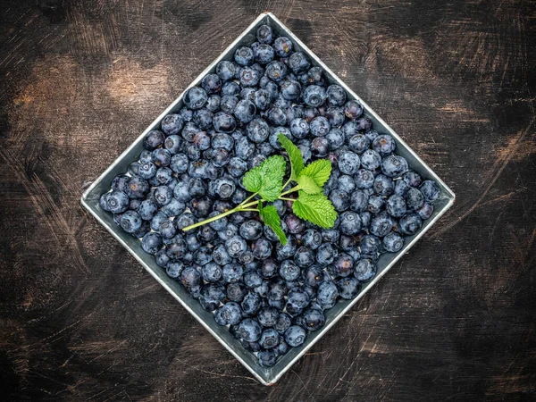 Baki Logam Blueberry Segar Dengan Daun Mint Meja Cokelat Vintage — Stok Foto