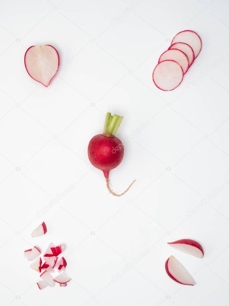 Set of fresh radishes isolated on white background. Overhead shot. Knolling concept.