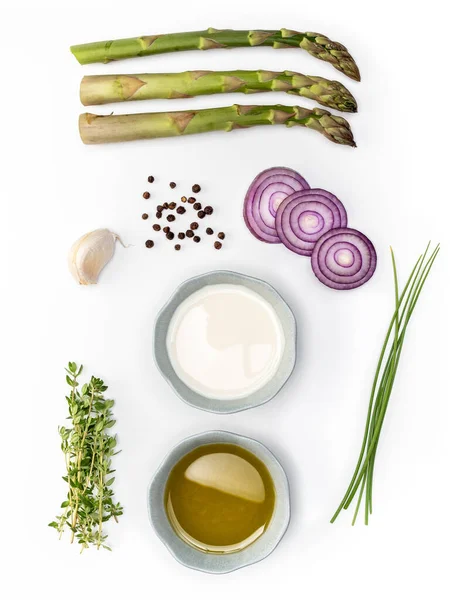 Ingredienti Zuppa Asparagi Cipolla Pepe Nero Aglio Panna Erba Cipollina — Foto Stock